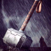 mjolnir_retriever: Thor's hammer upright on the ground, alone (with rain in the foreground and Thor's shadowy silhouette in the background) (hey Mjölnir sit stay)
