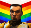 bluebaron: Cody (The Clone Wars version) in a 'thinking' pose overlaid on rainbow chevrons (cody)