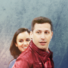 tinny: Jake Peralta and Amy Santiago from Brooklyn Nine-Nine on a grunge background, Amy looking over Jakes shoulder (b99_peraltiago_grunge)