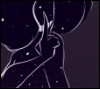 voidnoodles: drawn close up of a humanoid creature whose skin is dark purple night sky with stars, holding a finger to lips in a hushing motion (pic#12228127)
