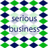 pinesandmaples: Blue and green diamonds with the text "Serious business" in the center. (college: Evens)