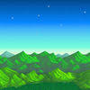 anaraine: A crop of the Stardew Valley title screen; a pixellated green valley under an ombré blue sky dotted with stars. ([sdv] stardew valley)