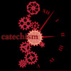 catechism: a string of red gears down the middle of a black background, with roman numerals circling the right. (clock)