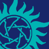 aurumcalendula: wayward sisters logo, a teal seven pointed star in a circle with a flame like border on a ultramarine blue backround (wayward)