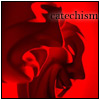 catechism: dark red comedy/tragedy masks on a lighter red background (theatre masks)