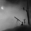 syntheid: greyscale illustration of two kids looking at the night sky with a telescope (five)