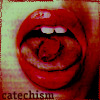 catechism: gross close-up of an open mouth with a red pill on the tongue (pill)