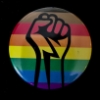 redbird: clenched fist on an LGBT flag background (rainbow fist)
