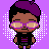 demacrux: a small cartoon pixel image of a black person wearing a black and purple shirt, black skirt and purple-ish glasses (Default)