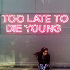 jesse_the_k: that text in neon words above human sitting against wall (too late to die young)