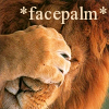 jenna_marianne: photo of a lion with a paw on its face with the text "*facepalm*" (Lion facepalm)