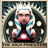 tigerlily: Ahsoka Tano in her later The Clone Wars costume with the words "the high priestess" underneath and the tarot card background behind her. (Ahsoka as the High Priestess tarot card)