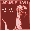 catechism: red background with white t-rex saying "ladies, please! one at a time." (one at a time)