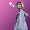 serenity_ribbon: An image of the 13th Doctor, on a pink background with heart doodles (Default)