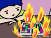 rosefox: A dismayed person looks at the calendar on their tablet, which is full of events and has flames coming out of it (busy-bad)