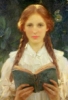singeli: late 19th-century painting of a redhaired teen girl with her hair in two braids. she holds and open book and looks directly at the viewer. (Default)