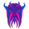 mergo: Drawing of a mask that's worn by Miraak, a character from The Elder Scrolls. The mask is simplistic and somewhat resembles a cuttlefish. It's colored with the palette of the Bisexual pride flag. (Default)