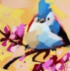 yawe: Oil painting of a blue bird with pink flowers on a yellow background (Default)