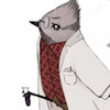 ordinarybirds: an illustration of a very serious looking bird in a plaid shirt, white lab coat, and glasses, holding a test tube in one foot (Default)