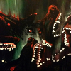 juushika: Painting of multiple howling canines with bright white teeth (Never trust a stranger-friend)