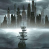 mostfacinorous: image of a tall ship sailing through a fog towards a futuristic city-scape (cloud atlas, ship)
