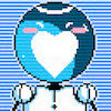 ordinarybirds: a blue, round headed ROM (a type of robot) from the game Read Only Memories; the figure is smiling in such a way that their mouth looks like a heart, their eyes are squinted and their cheeks are blushy (heart-mouth)