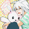 setsuntamew: fanart of Yami Bakura holding a cute bunny plushie while looking annoyed (Bakura → hug plushie)