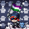 acori: A pixel sprite of a redhead on a cat mountain hoisting the nonbinary flag (default, human, nonbinary, pixel)