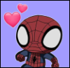 peterparkers7evilexes: Baby Spider-Man from the Spider-Man Ultimate TV show on a purple background with the two hearts emoji. (lil spidey)