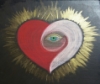 auresse: A large heart shape in Red and pink oil pastel on a deep brown background: there is a single green eye off-centre looking out at the viewer. The whole heart is surrounded by a golden halo of rays. (love)