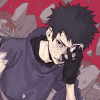 kegareki: a picture of Uchiha Obito, standing on top of a ruined and shifting landscape of shattered rocks, holding a gunbai in one hand and his other hand lifted to hold his shattered mask to his face (obito uchiha)