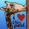 aim_of_destiny: A painted giraffe kissing a wooden post. Text: I <3 this post. (love)