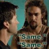 mekare: John looking at Ronon, text:"Same." "Same." (Ronon/John)