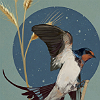 syntheid: barn swallow landing on a stick, with a graphic background that looks like stars (constellation)
