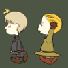 kanadka: prussia walking away, germany walking after him ranting, both in style of Peanuts characters (hetalia: prussia & germany)