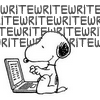 dorinda: Snoopy, smiling and typing away on a laptop, with the word WRITE repeating in the background (snoopy_write)
