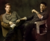 noxelementalist: Chris Pine and Karl Urban as James Kirk and Leonard "Bones" McCoy sit across each other. Chris sits in a green floral loveseat, in a light grey western shirt and dark jeans and boots; he rests a leg on Karl's right leg, sitting in a steel loveseat, dressed similarly with darker shirt and wristwatch (Kirk)