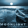 montanaharper: blue-tinted photo of a rowboat drifting in water toward a low-hanging full moon with text saying moonlight (moonlight)