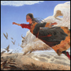 ardhra: illustration of a woman in a sari flying through the air (flight)