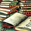 auroracloud: a colourful pile of books, and an open notebook, illustration (research pile)