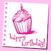 auroracloud: a notebook page with illustration of a cupcake with a candle, text "Happy birthday!" (happy birthday!)