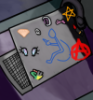 chaosonwheels: a laptop bathed in moonlight with various stickers decorating the top (writing)