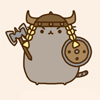 seascribble: Pusheen wobbling with viking helmet, braids, and war implements (viking pusheen)