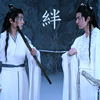 jo_lasalle: Lan Zhan and Wei Wuxian tied together by the headband, with kanji/hanzi "bond" in Japanese, "trip, stumble" in Chinese - trippy shippy bonds (CQL - Kizuna)