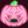 neyonpink: A pink pumpkin carved with a smirking grin against a dark red background. The inside of it's eyes and mouth are green and it glows faintly around the edges (glowcore, Halloween, neon, neoncore, Pink, pumpkin)