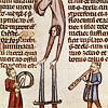 izzy: woman balancing on her hands on two swordpoints and two men playing musical instruments, surrounded by text ([art] some cane sette the moke awrie)
