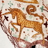 ysilme: Medieval wall painting of a brown unicorn with spots and a squirrel tail. (Fantasy Worlds)