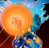 varadiamuse: X-23 as Captain Universe with blue hair and body and a glowing orange fist. DOOM FOR ALL. (Captain Universe)