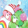 cye_of_the_torrent: A pink Care bear in a red and white striped hat smiles at a green care bear wearing pink muffs in the snow (Care Bears winter variant)