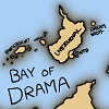 worldbuildingmod: detail from xkcd's "Map of Online Communities 2 (2010)", showing "The Bay of Drama", including fanfiction.net, LJ and DW as a tiny island (xkcd)
